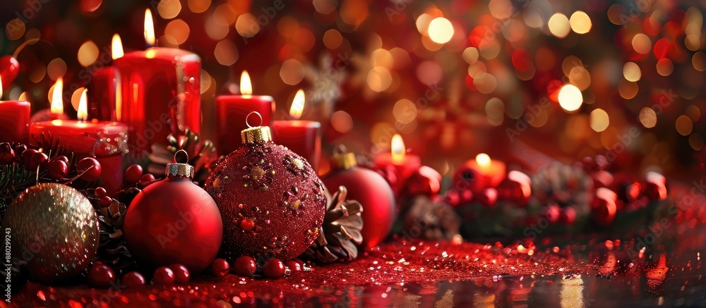 Poster Festive Christmas decor featuring candles and ornaments, with a background perfect for adding your message or image - a copy space image.