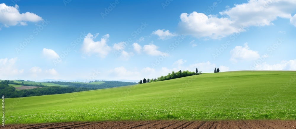 Poster a plowed field dominates the foreground, contrasting with a lush green landscape in the backdrop und