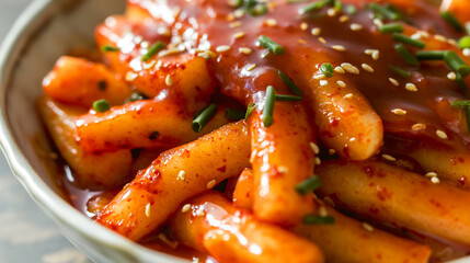 A bowl of food with red sauce and sesame seeds