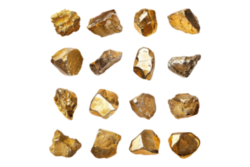 collection of gold nuggets isolated on transparent background
