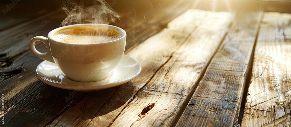 Aufkleber steaming cup of coffee resting on a wooden table with copy space image.