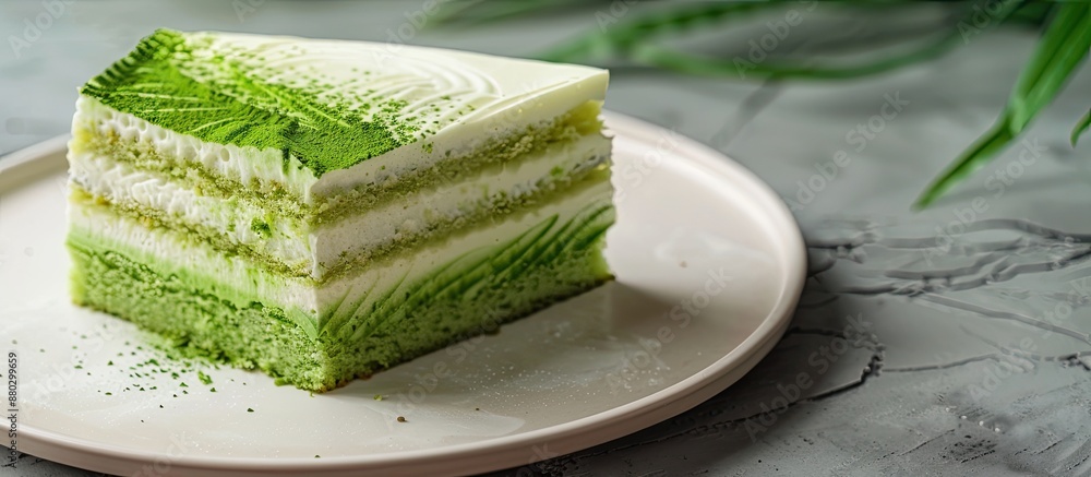 Poster green pandan sponge cake displayed on a white plate with copy space image.