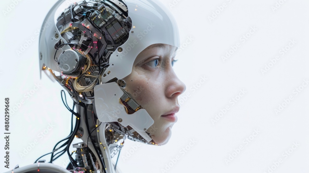 Poster a person with a robotic head and exposed wires, possibly a futuristic or sci-fi scene