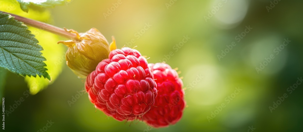 Poster a vibrant red raspberry on a branch in a sunny macro photo, with a blurred background providing spac
