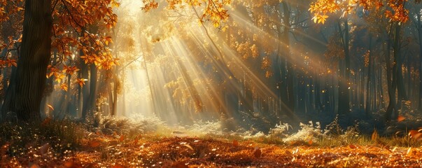 Fototapeta premium A tranquil forest glade illuminated by shafts of golden sunlight, with a carpet of fallen leaves underfoot.