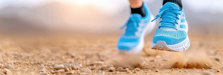 A person is running in a blue and white shoe