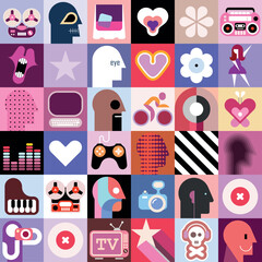 Artistic collage of many different avatars, objects and abstract shapes, set of vector design elements. Each one of the design element created on a separate layer and can be used as a standalone image