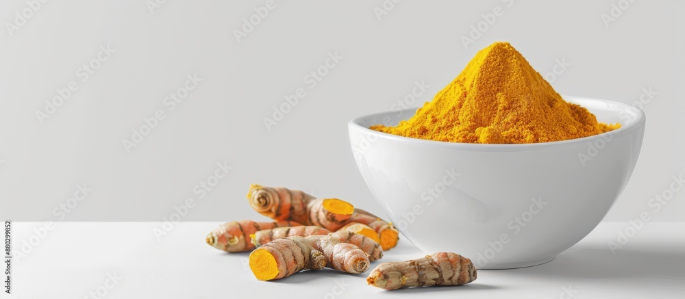 Aufkleber Turmeric roots and powder showcased in a white bowl with a white backdrop, creating a visually appealing copy space image.