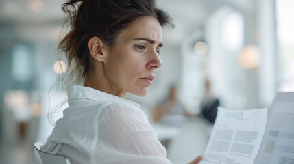 Mid-aged professional woman with a stressed expression, reviewing documents at her office desk, side view, with a soft-focus background of the workplace.