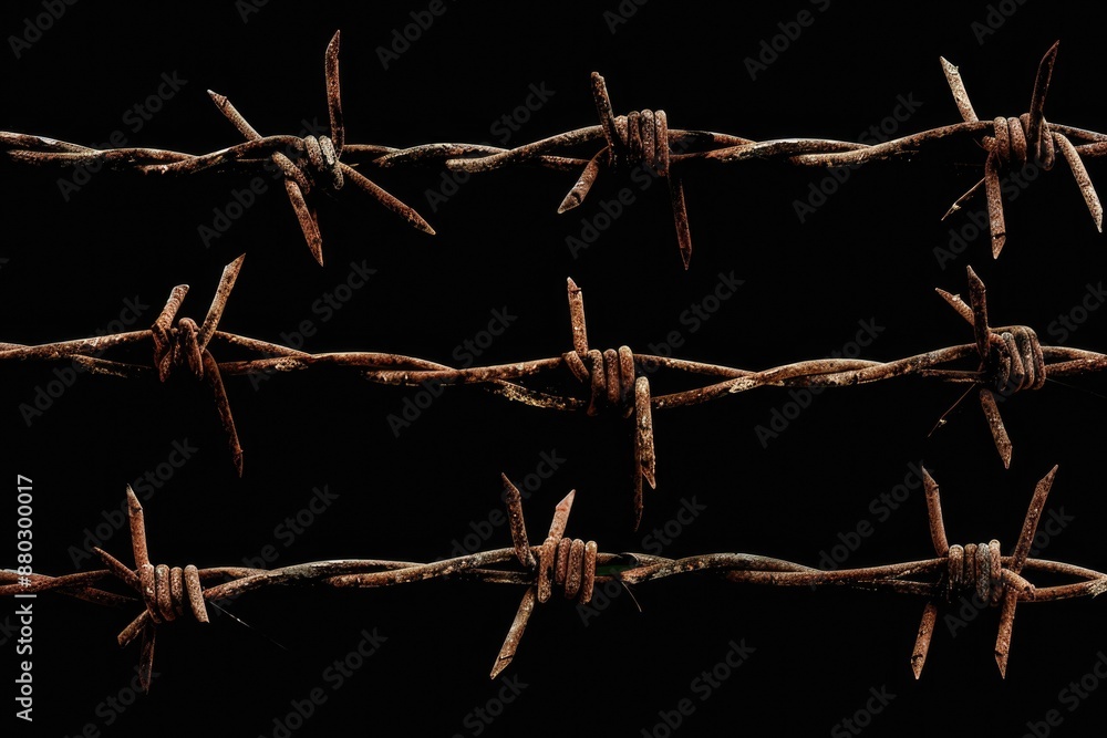 Poster a close-up view of a barbed wire fence with rusty metal and wooden posts