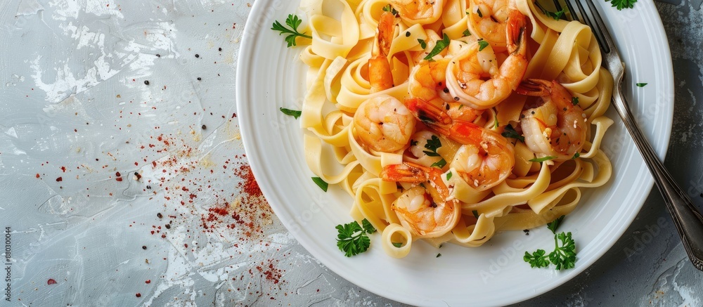 Poster a white plate showcases fettuccini and tagliatelle pasta with shrimp, presenting an italian food sty