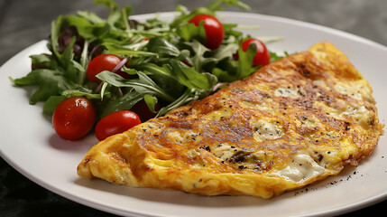 A plate of food with a large omelet and a salad