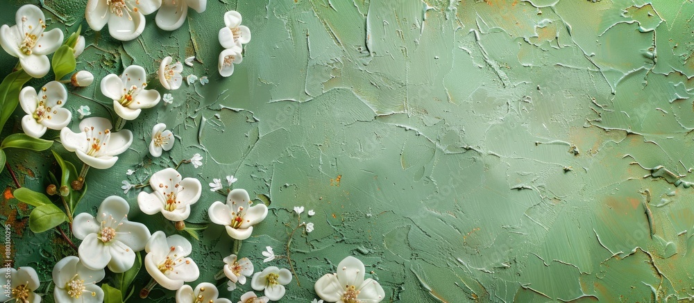 Leinwandbilder spring white flowers arranged on a green surface in a flat lay composition with copy space image.