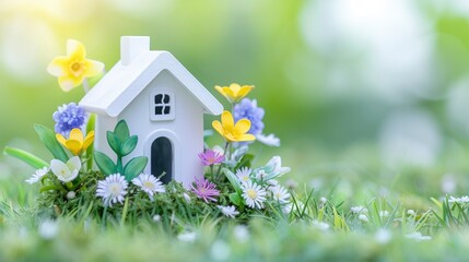 a mini white house model on flower grass field with bright blur bokeh background