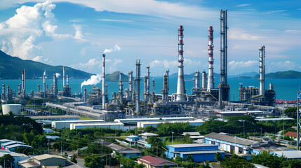 An oil refinery with a huge plant near home surrounded by air pollution