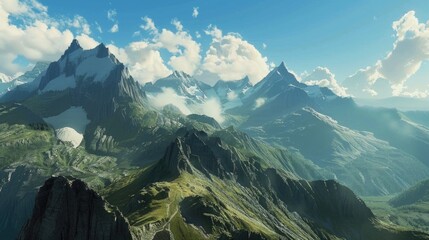 A scenic view of a mountain range with fluffy clouds in the sky, suitable for use as a background image