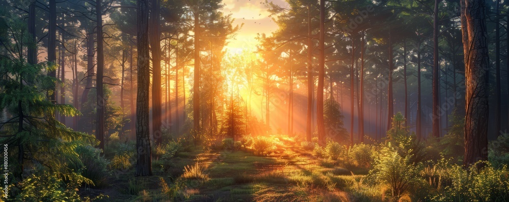 Poster A photorealistic image of a tranquil forest bathed in the warm glow of the setting sun, casting long shadows through the trees.