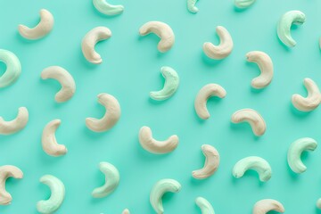 3d rendering of teal cashew nuts scattered on pastel green background with copy space. Minimal concept, flat lay view from above 