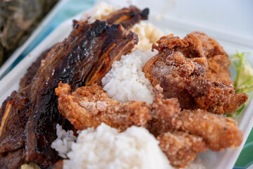Kalua Pig and Kalbi Beef Plate lunch, traditional Hawaiian plate lunch