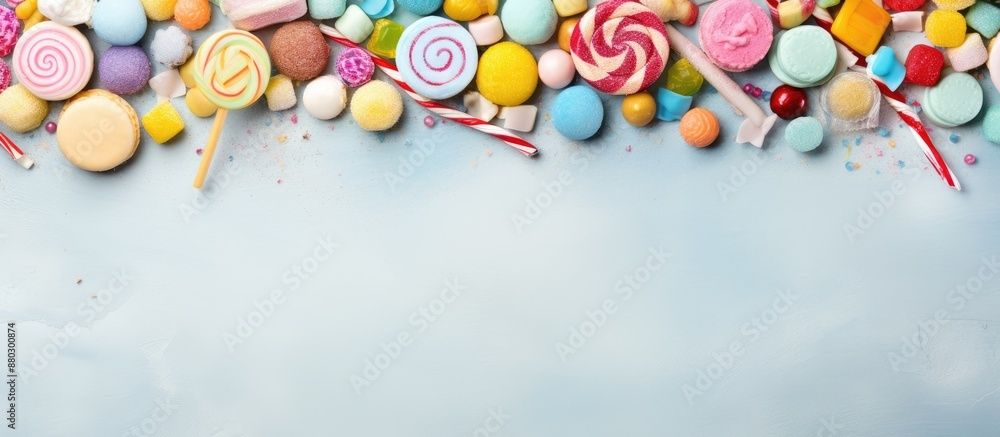 Poster various colorful confections like lollipops, macaroons, marshmallows, marmalade, and candies arrange