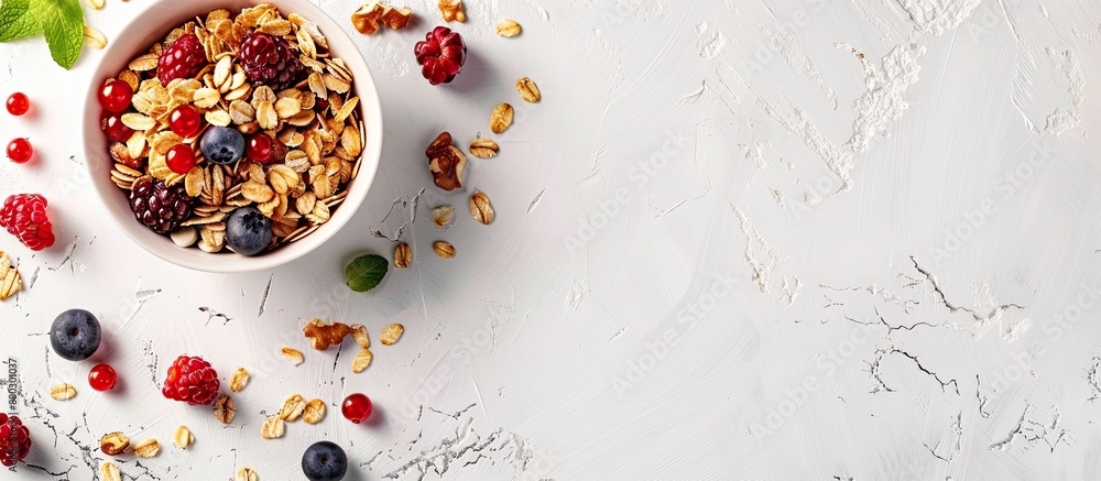 Poster A breakfast muesli with ripe berries displayed on a table alongside a blank space for text or graphics.