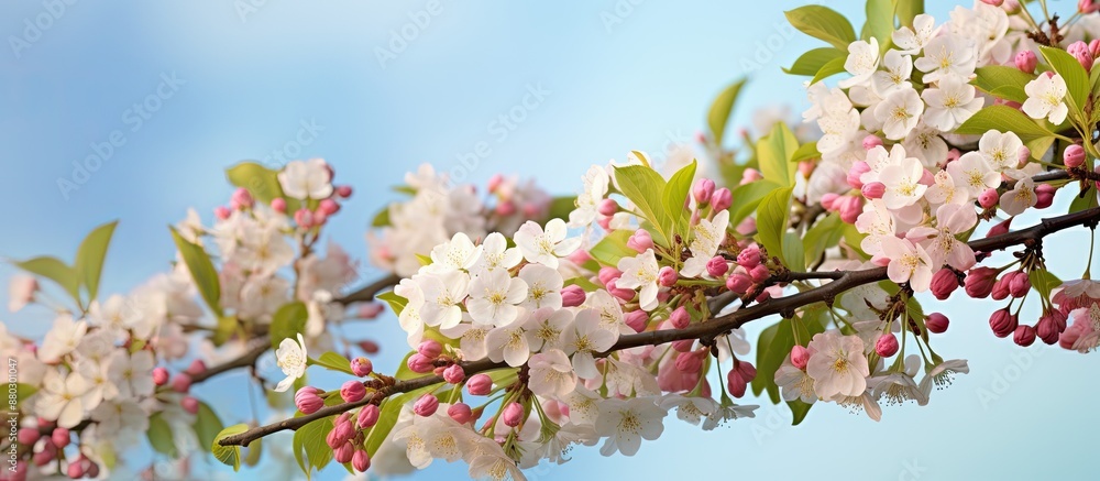 Sticker Blooming pear tree branches with delicate white and pink buds, providing a backdrop for a landscape panorama with a blank copy space image.