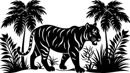 A Silhouette of tiger walking on forest, vector artwork illustration