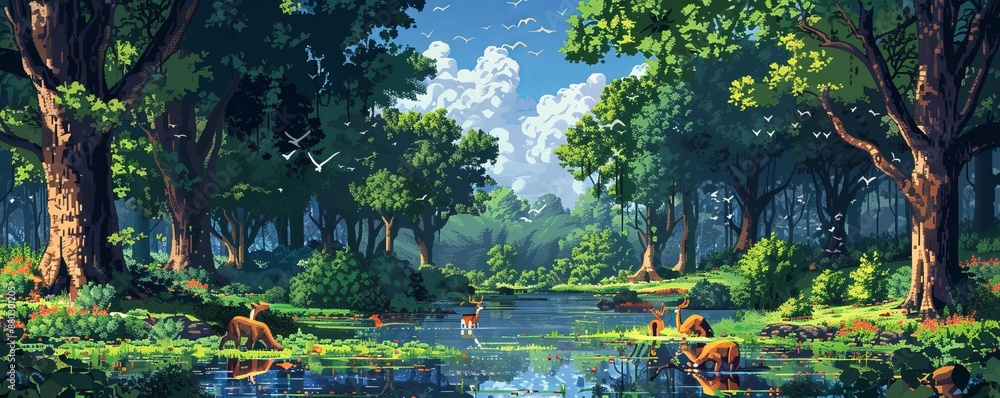 Poster pixelated forest teeming with pixelated wildlife exploring pixelated trees