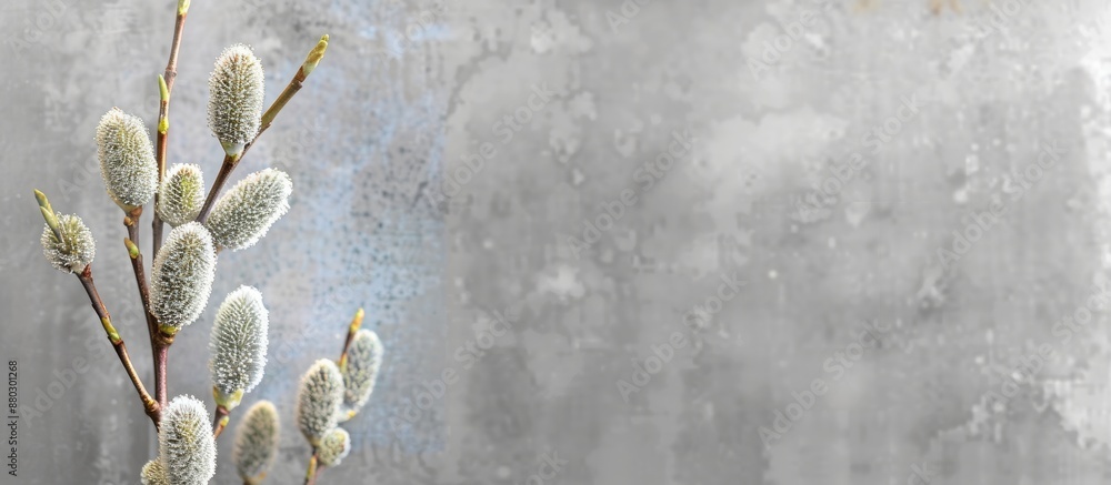 Aufkleber goat willow catkins bloom with copy space image against a blurred grey background.
