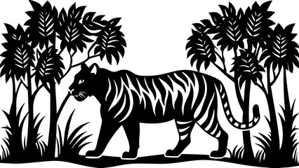 A Silhouette of tiger walking on forest, vector artwork illustration