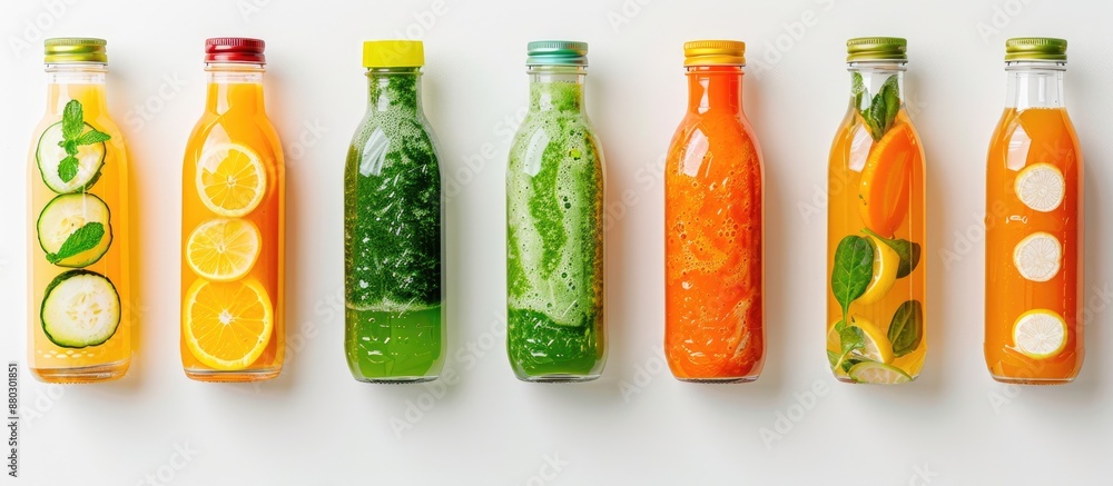 Poster bottled juice varieties include apple and spinach, carrot, and tomato, perfect for a copy space imag