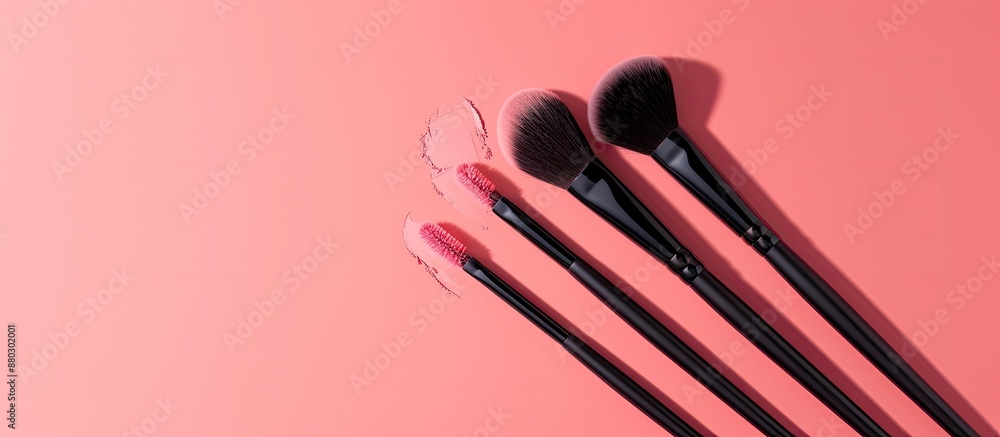 Poster Makeup brushes in a flat lay composition on a pink background with a top view and copy space image. It displays makeup accessories as a mockup template.