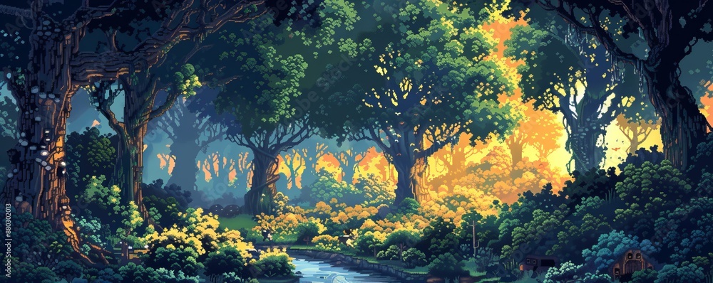 Poster a pixel art rendition of a pixelated forest teeming with pixelated wildlife, their pixelated forms e