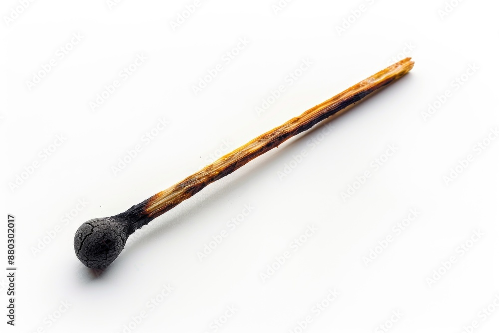 Poster a single burnt matchstick lies on a white surface, with a hint of ash and char remaining