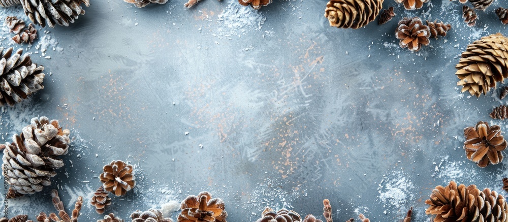 Aufkleber pine cone frame on concrete backdrop suggesting winter or christmas theme with top view and copy spa
