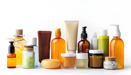 Set of different face cleansers or other cosmetic products isolated on white