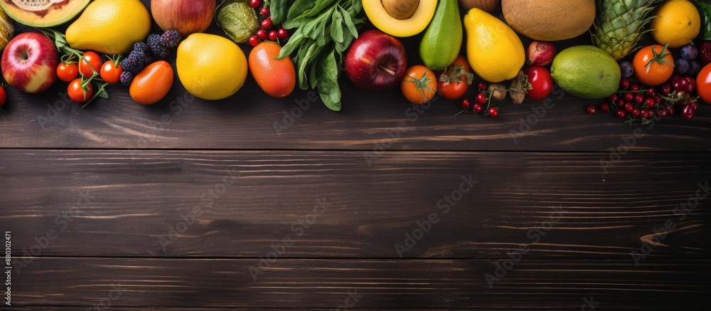 Poster fresh fruits and veggies displayed on a dark wooden surface from above, creating a scenic copy space
