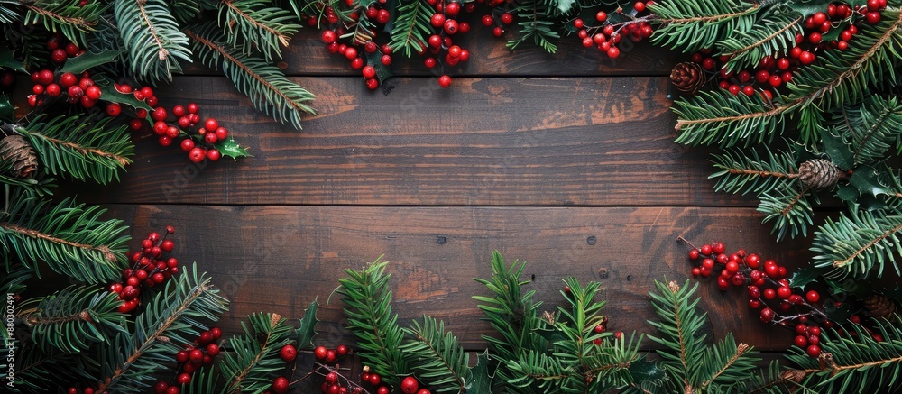 Aufkleber circular arrangement of green christmas tree branches and red viburnum berries on a wooden backdrop 