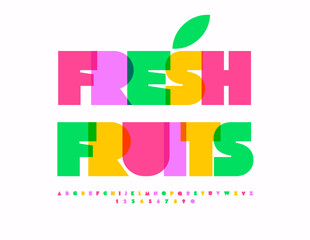 Vector colorful advertisement Fresh Fruits. Creative Bright Font. Modern Alphabet Letters and Numbers set.