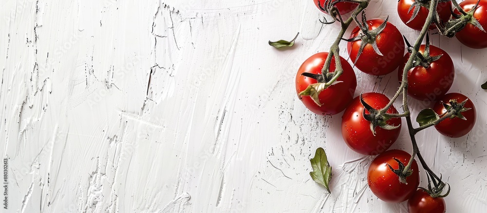 Poster Rustic white background with tomatoes on the vine creating an appealing copy space image.