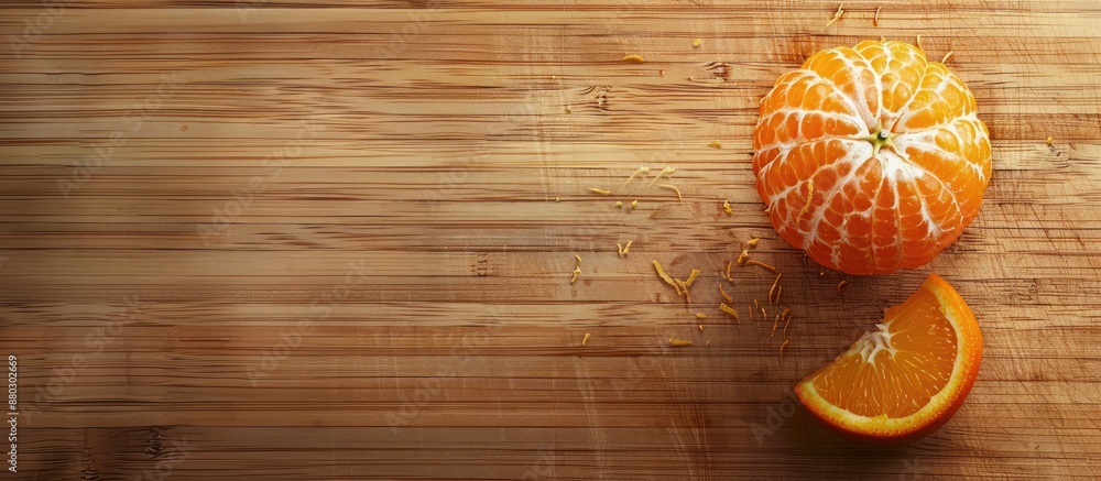 Poster Top view of a partially peeled orange on a wooden cutting board with empty space for copying images.