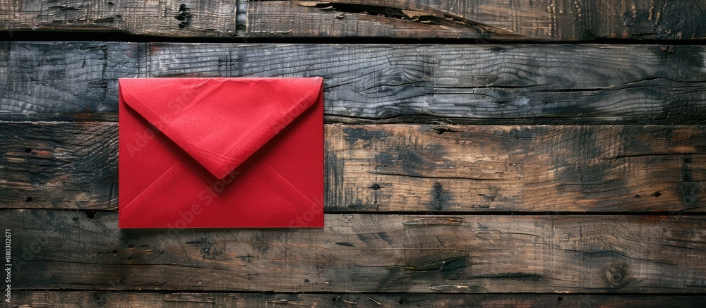 Aufkleber A red envelope with a blank paper placed on top against a rustic wooden backdrop, creating a composition with copy space image.