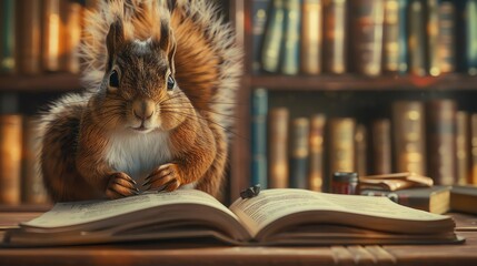 A curious squirrel sits on a book in a library.