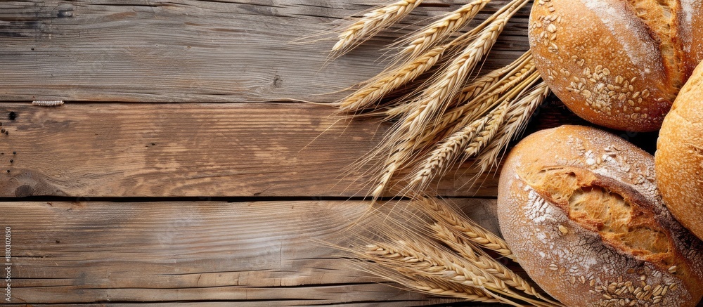 Poster wheat and bread are beautifully arranged on a vintage wooden surface with an open area to add text o
