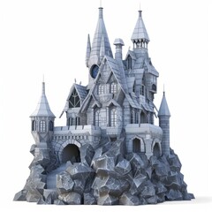 Obraz premium 3D Render, Low Poly style of a ghostly castle, on isolated white background, Generative AI