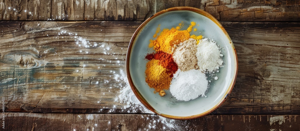 Poster colorful wooden table background showcasing spices on a plate with powdered sugar, leaving room for 