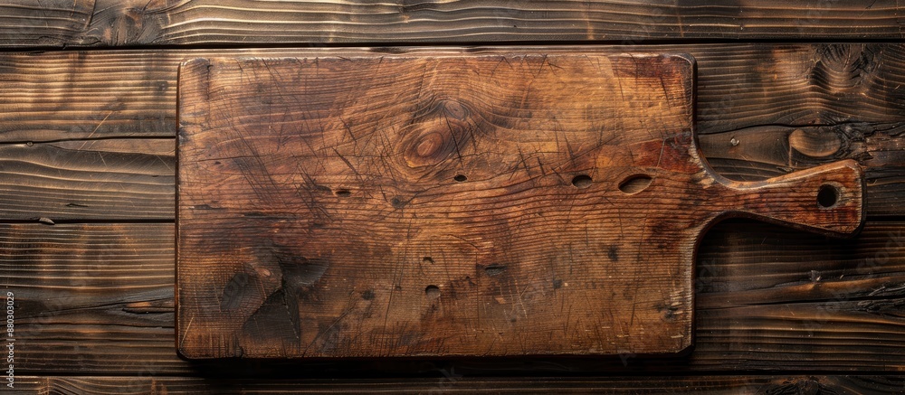 Poster top view of an aged wooden cutting board on a rustic wooden backdrop, with copy space image.