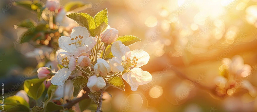 Poster a stunning apple tree branch with white blossoms basks in the sunlight during spring, creating a ser