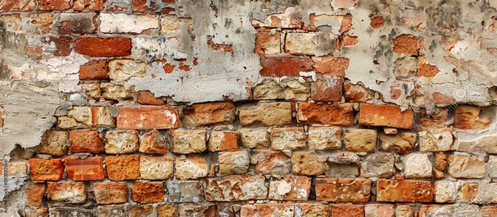 Poster an aged brick and stone wall that can be used as a backdrop for a copy space image.