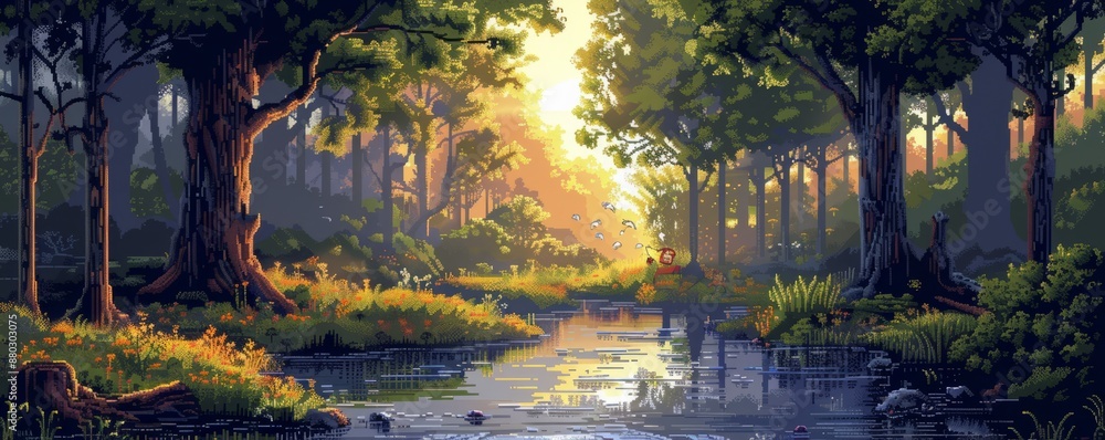 Poster a pixel art rendition of a pixelated forest teeming with pixelated wildlife, their pixelated forms e